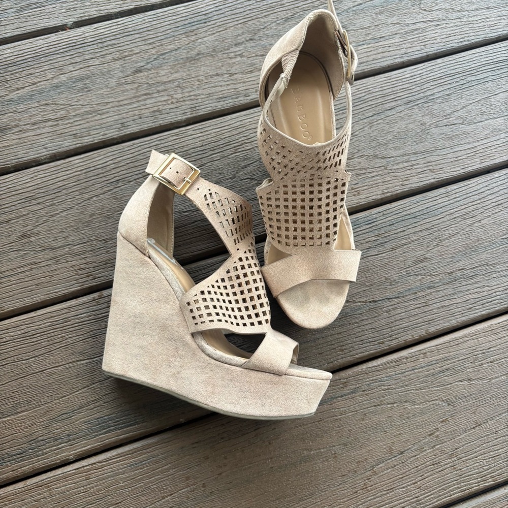 Fashion Nova Tan Wedge Sandals with Perforated Design
